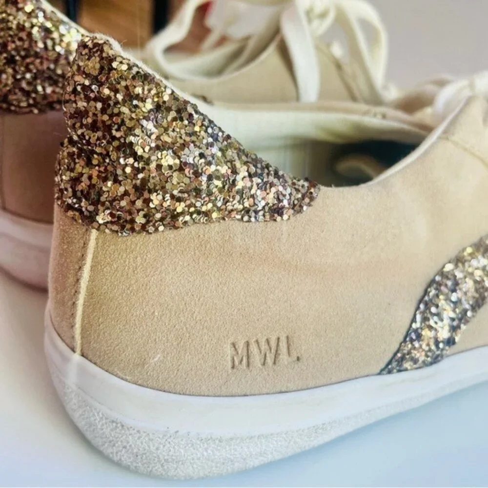 Madewell Sidewalk Low Top Beige Suede and Glitter Sneakers Size 10
